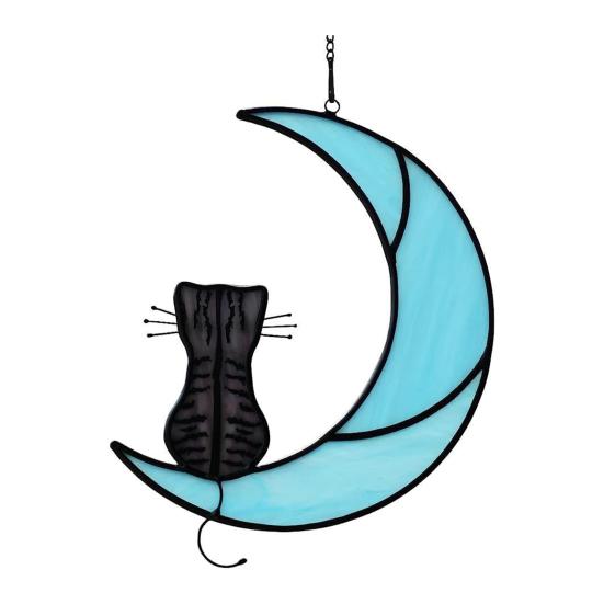 Chat sur la Lune Ornement Suspendu Vitrail Suspendu Attrape-soleil Panneau Acrylique Art Mural Cadeau Commémoratif pour Femmes Épouse Maman Amateurs de Chats