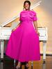 Short Sleeve Long Pleated Dress Women O Neck Appliques High Waist A Line Evening Casual Party Gowns
