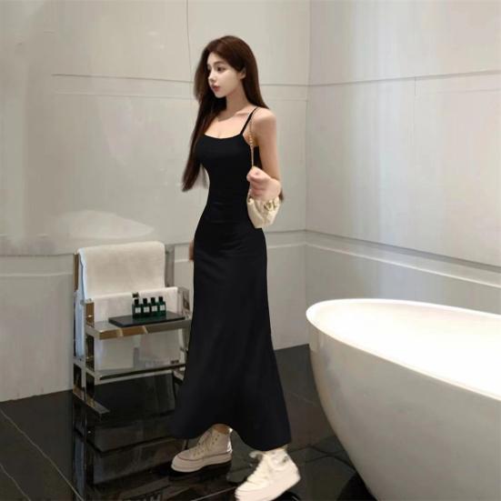 Lady Strappy Dress Spaghetti Strap Sleeveless Tight Waist Slim Fit Backless Dress-up Low-cut Ankle Length Women Vest Dress Female Clothes