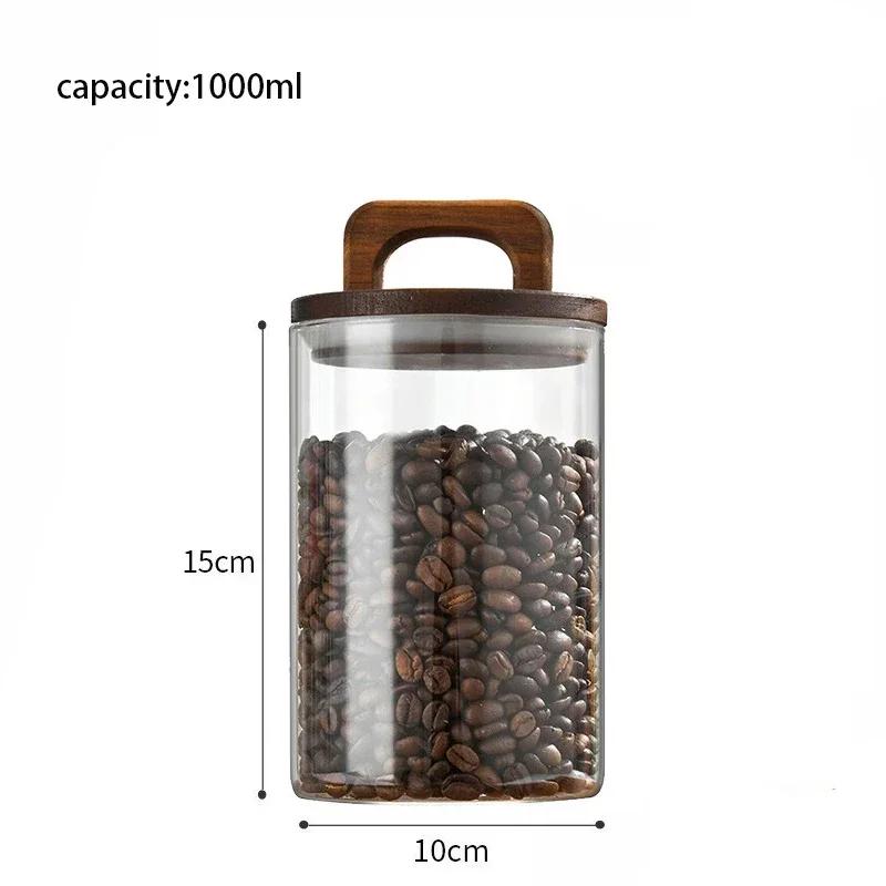 Coffee Bean Glass Sealed Jar Food Storage Containers Transparent Tea Jars with Wooden Lid and Handle Household Kitchen Bottles