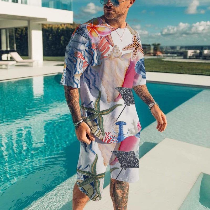 Men's Hawaiian Full Print Suit Casual T-shirt Beach Pants Suit