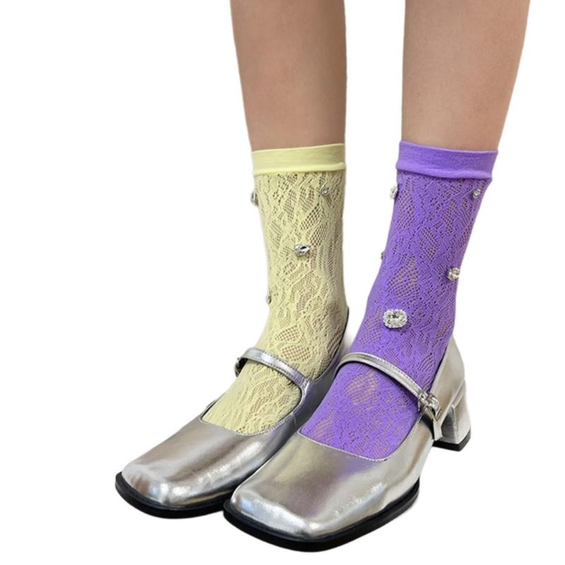 Women's Crew Socks Sweet Crystal Ankle Socks Cute Princesses Ankle Dress Socks Sheer Lace Socks Summer Calf Socks Gift