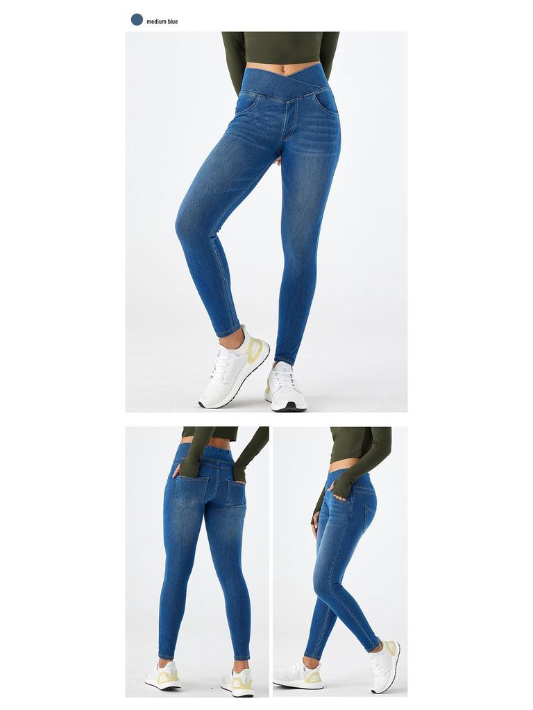 Women's European & American High-Stretch Cross-Waist Skinny Jeans with Pockets, Slimming, Butt-Lifting, Cat Whiskers & Monkey Wash.