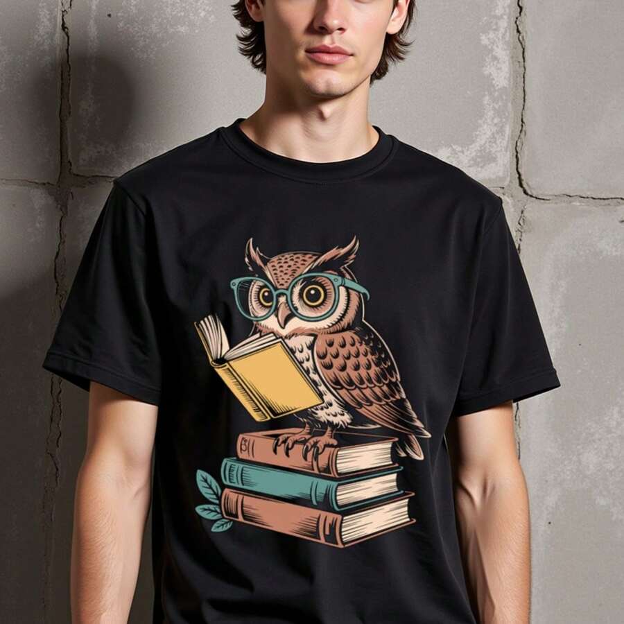 Unisex S & Tonåringar Smart Uggla Läser Böcker Grafisk T-shirt - Svart Skjorta Med Brun/Turkos Uggla Design