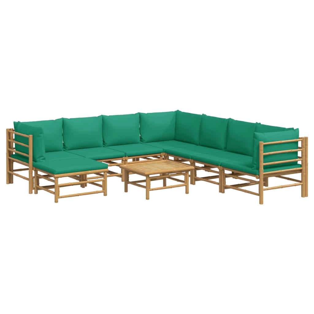 Vidaxl 9-Cz. Garden Furniture Set, Green Cushions, Bamboo