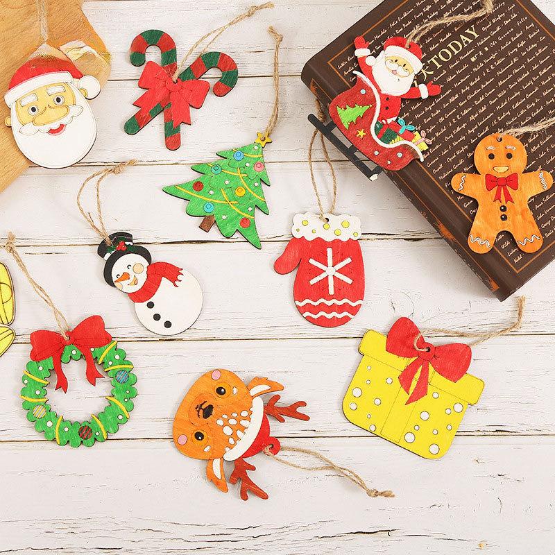 10 Peças Padrão de Desenho Animado de Natal Placa de Madeira Incolor e Corda de Cânhamo - Pintura Manual Pingente de Árvore de Natal Decorações de Natal