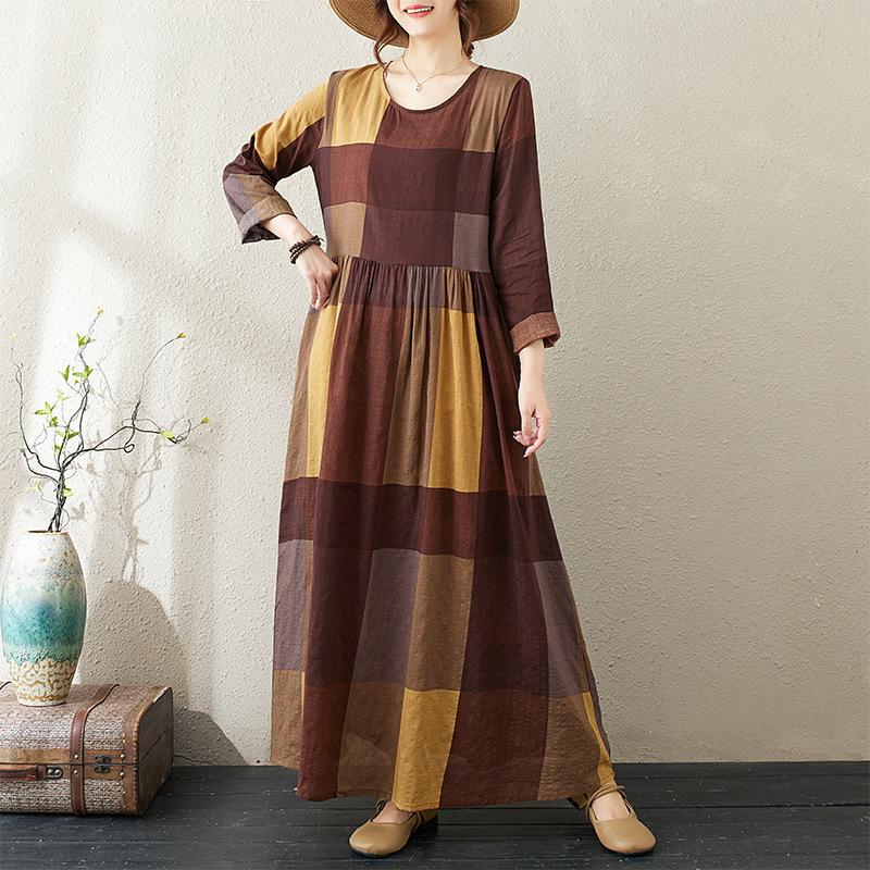 Autumn Cotton Linen Artistic Retro Loose Medium Long Dress for Women