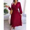 Women Elegant V Neck Long Sleeve Pleated Maxi Dress
