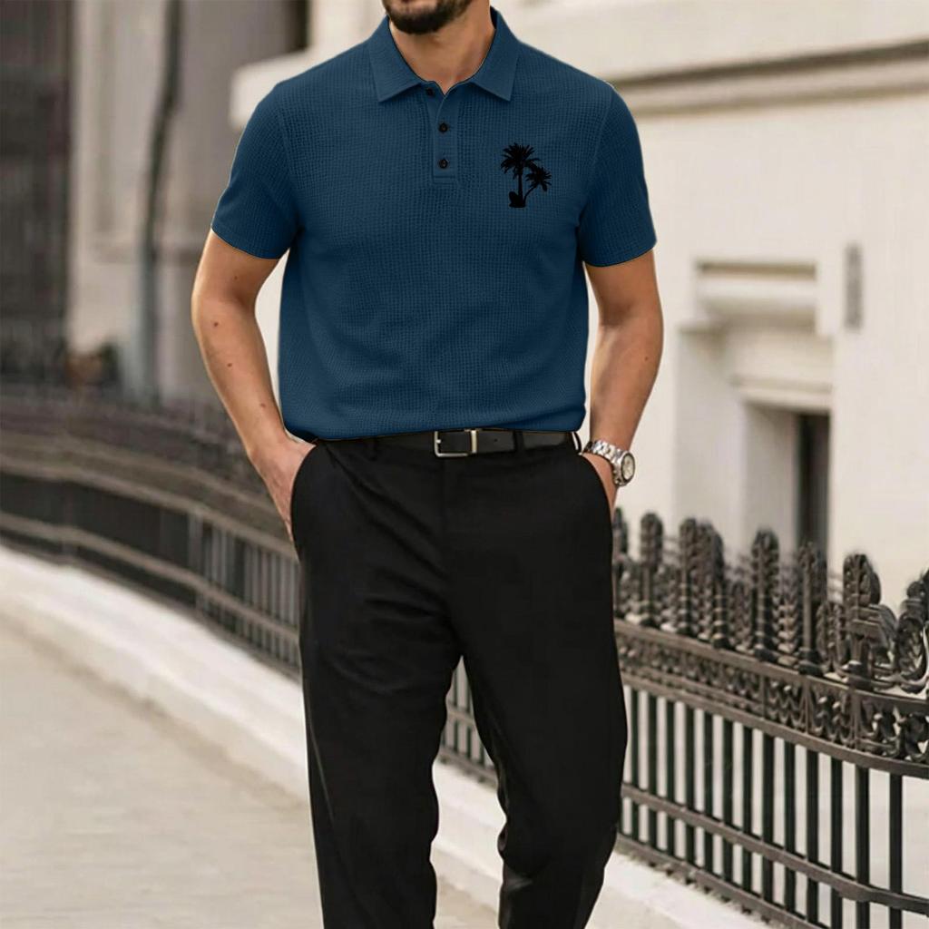 Men's Summer Premium Mesh Ice Silk Short Sleeve Polo Shirt Breathable Lightweight Casual Top with Palm Tree Embroidery