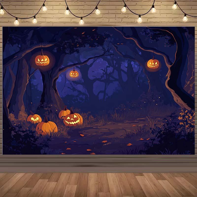 1 Halloween pumpkin forest background with little ghost lights and a dark forest  no need for power Halloween decorations