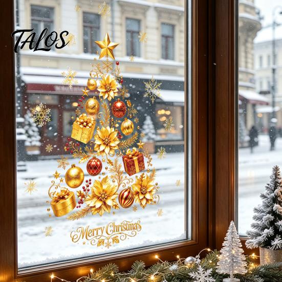 Large Christmas Tree Wall Clings 2 Sheets Gold Window Clings, Static Stick Snowflake Non Adhesive Holiday Stickers Bauble Glass Decals, No-Glue