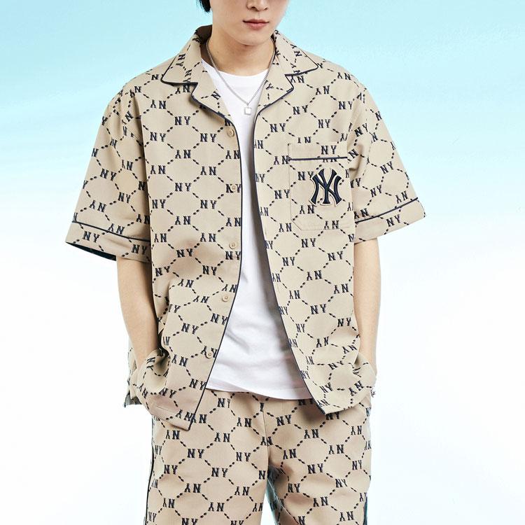 MLB New York Yankees Basic Logo Jacquard Diamond Pattern Loose Fit Single-Breasted Casual Short Sleeve Shirt Unisex Shirts Beige 3AWSM0223-50BGS