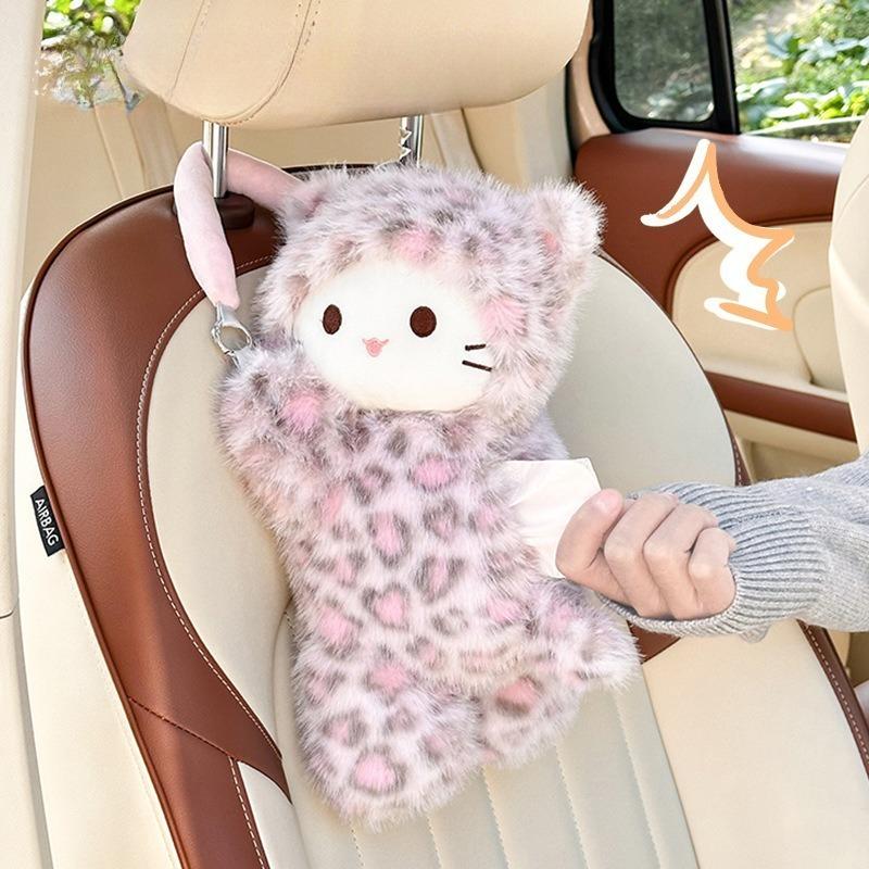 Car Tissue Box Pink Leopard Print Cat Tissue Plush Doll Car Tissue Box Cute Cartoon Car Hanging Drawing Box Universal