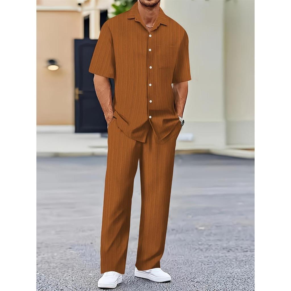 Men's Casual Striped Short Sleeve Sweatshirt with Button Down Shirt Collar and Elastic Waistband Pants In Polyester Textile Elastane Blend Two-Piece