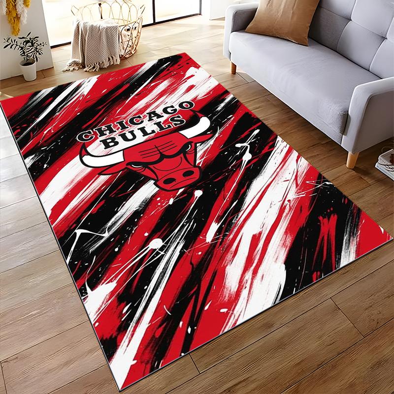 Chicago Bulls Logo with Abstract Red Pattern Non-slip Rug Suitable for Living Room and Bedroom Sofas.