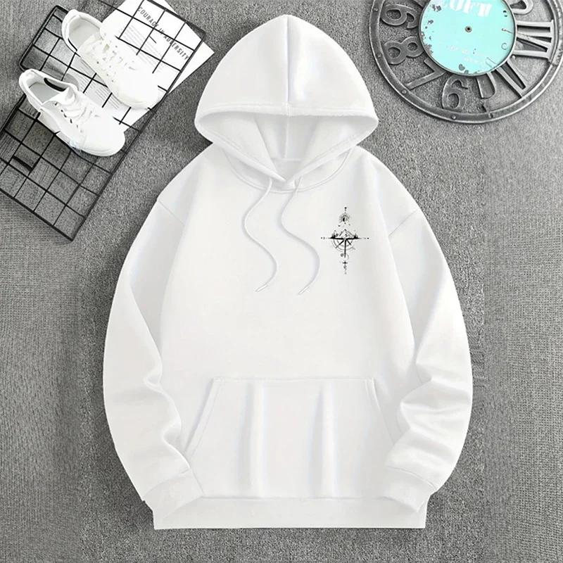 Retro Compass Print Men's Hoodie, High-quality Long-sleeved Pullover, Autumn/winter Casual Sportswear Top, Men's Clothing.