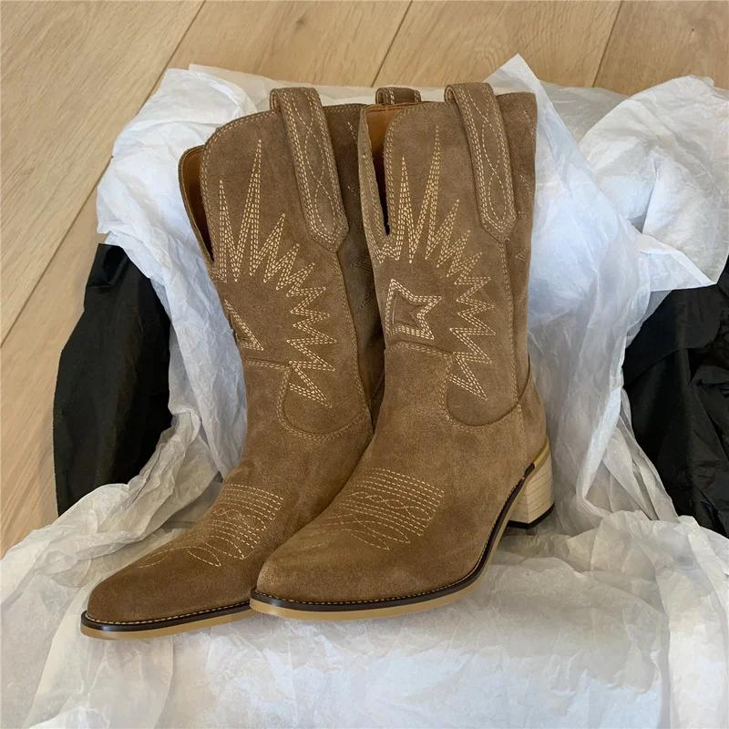 New Natural Embroidered Women Boots Leather Handmade Pointed Toe Spike Heel Autumn Winter Boots Cowboy New Western Retro Botas