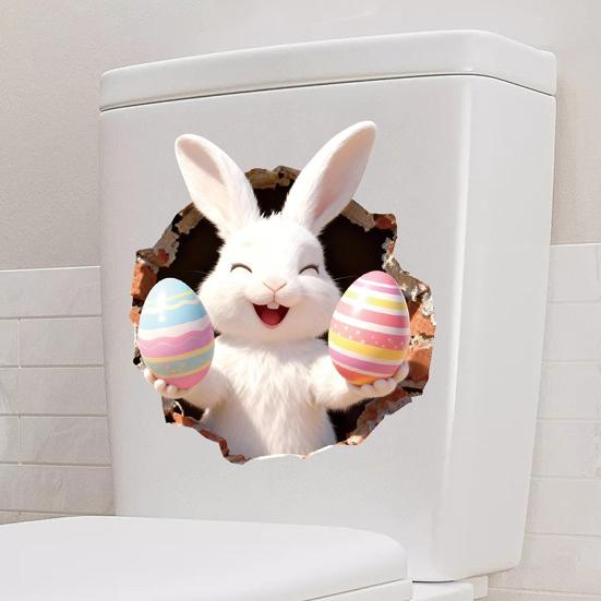 Loch-Hase Toilettenaufkleber Wasserdicht Selbstklebend PVC Wohnzimmer Badezimmer Wandkunst Ei Blume Hase Toilettensitzdeckel Dekoration Aufkleber