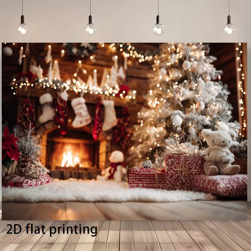2D Cozy Fireplace Christmas Photography Backdrop, Rustic Cabin with Warm Fire & Holiday Decorations