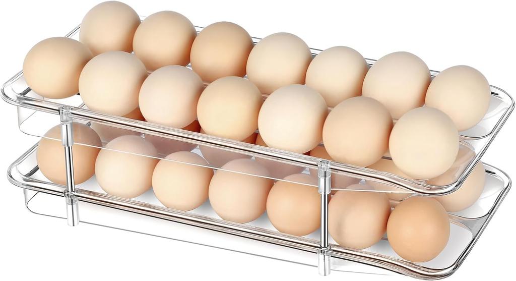 Egg Crate for Refrigerators, Automatic Rolling Design, Holds 28 Eggs, Two-Tier, Transparent, Egg Rack, 32.5cm x 16.5cm x 9cm