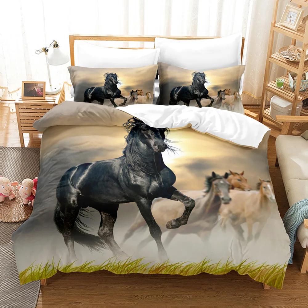 Lyxigt 3D Queen King Size Påslakan Djur Häst Sängkläder Set Bekvämt Täckeöverdrag Heminredning Sängkläder Set 3-delat Set