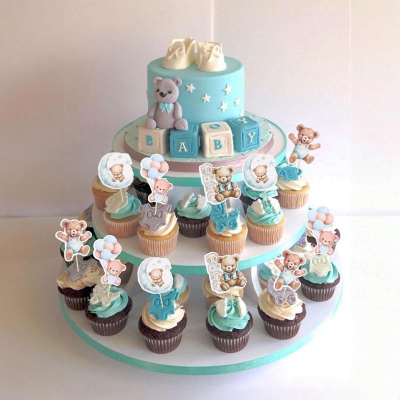 12/24Pcs Cartoon Bear Cupcake Toppers for Kids Baby Boy Girl 1st Birthday Party Cake DIY Decoration Blue Pink Baby Shower Favors