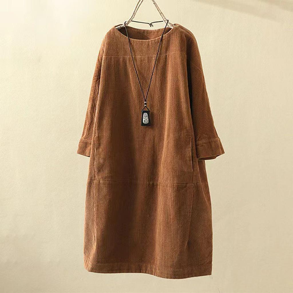 Modisches, lockeres Retro-Kleid aus Cord in Übergröße für Damen mit Rundhalsausschnitt und langen Ärmeln in Volltonfarbe