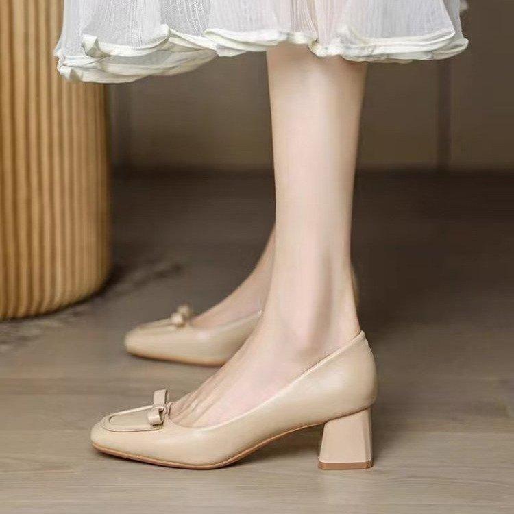 Fashion Single shoe women's thick heel retro 2025 autumn new item versatile shallow bow work mid heel high heels