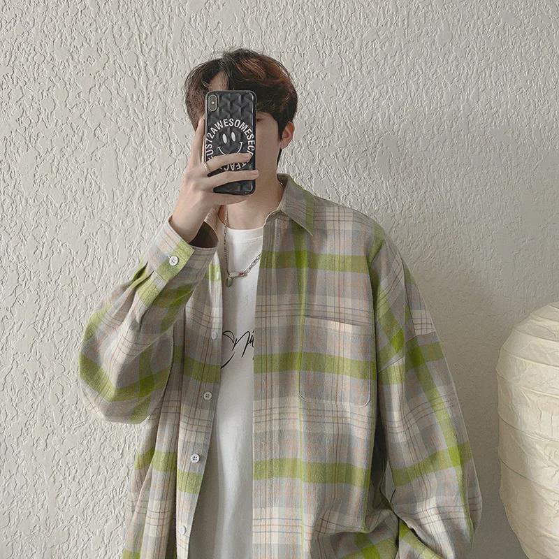 Men's Retro Plaid Long-Sleeve Shirt Jacket, Korean Style for Spring/Autumn