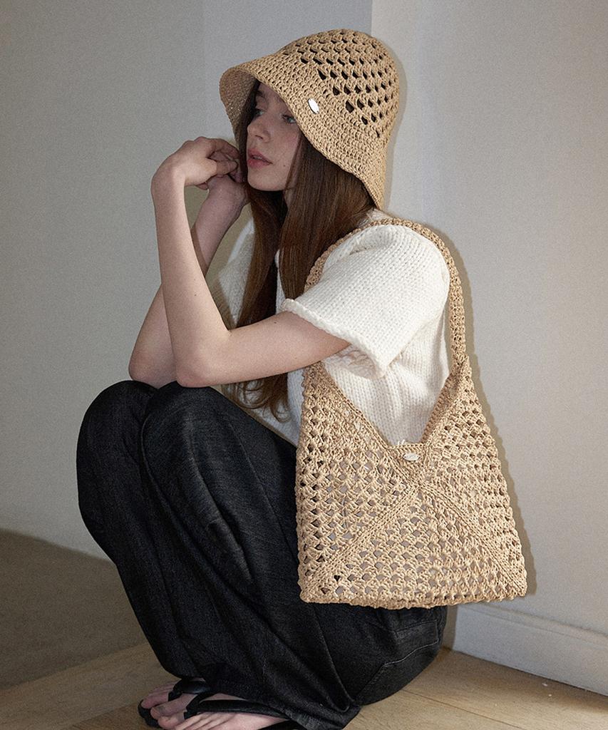 Seullouseulloulli Fruits Handmade Crochet Raffia Bucket Hat _ Natural Beige