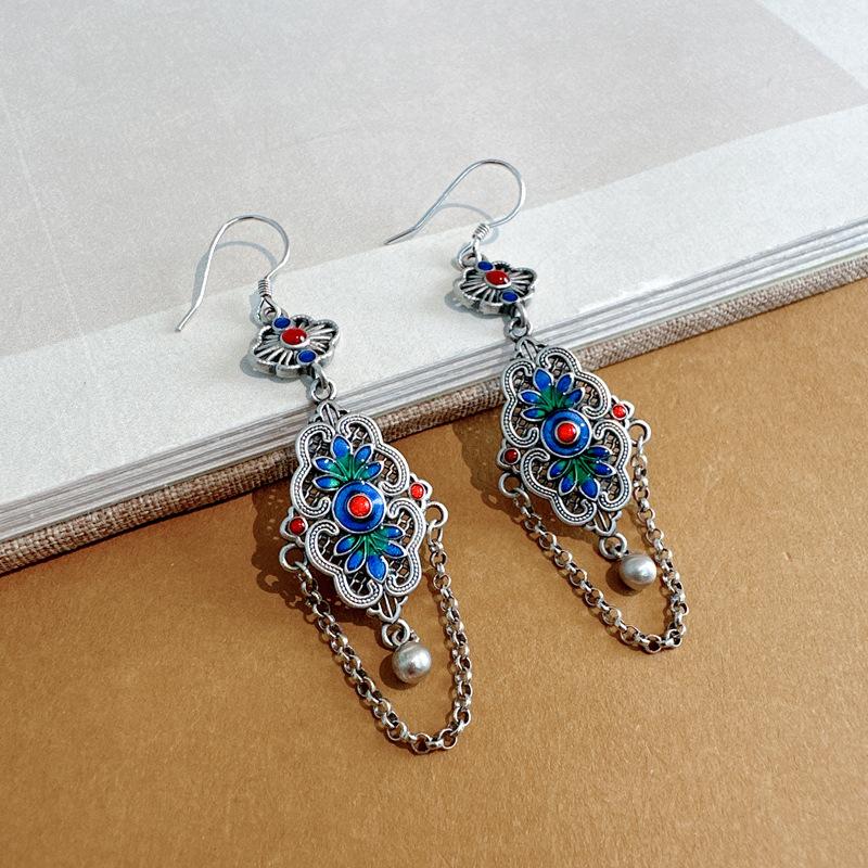 S925 Silver Enamel Color Flower Fringed Earrings Retro Ethnic Style Exquisite Antique Temperament Handmade Hollow Earrings