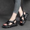 Sommar Retro Tjocksulade Andningsbara Romerska Sandaler Äkta Läder Peep Toe Bekväma Damplattformsskor