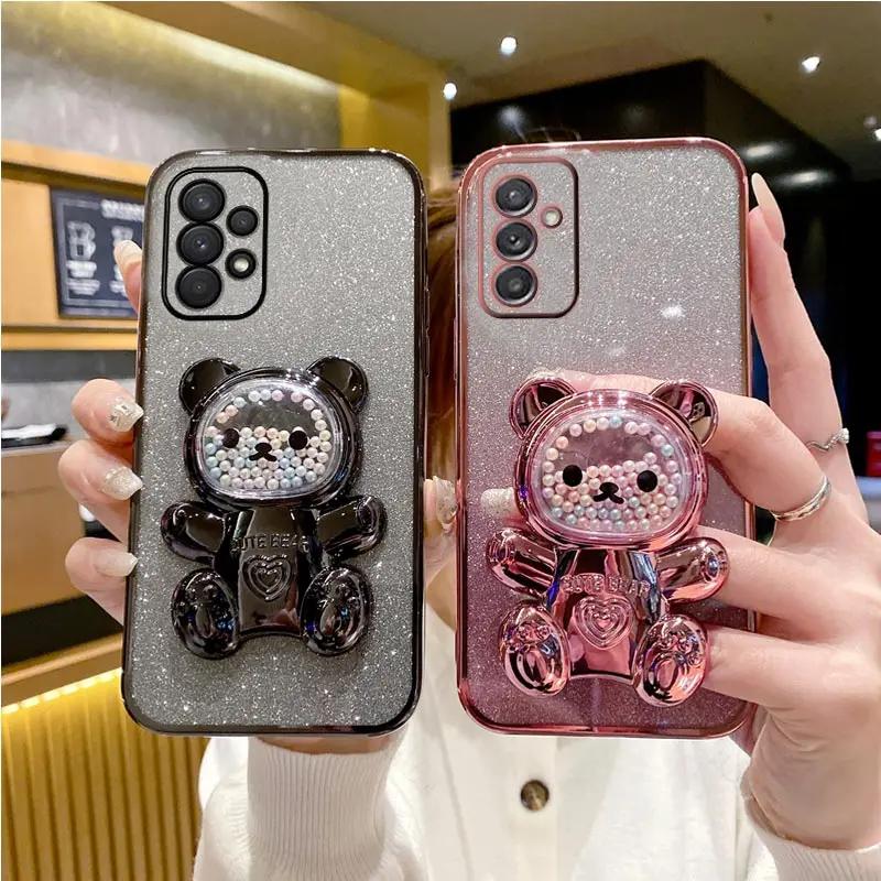 Cute Bear Holder Bracket Glitter Plating Case On for Tecno Spark 20C Spark20C 10C 10 20 Pro Plus 8C 9 Pop 5 LTE Stand Cover