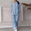 Women's Round V-neck Pullover Casual Long Sleeve Long Pants Cotton Linen Fashion Suit