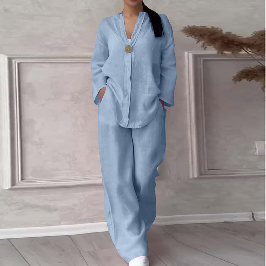 Women's Round V-neck Pullover Casual Long Sleeve Long Pants Cotton Linen Fashion Suit