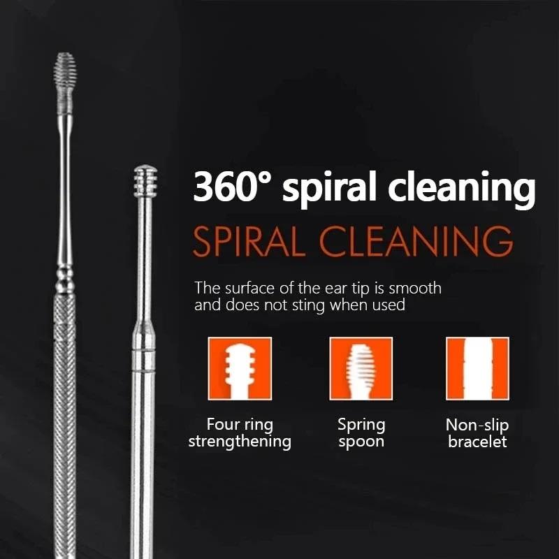 Portable Ear Wax Removal Kit 6Pcs Stainless Steel Ear Pick Spiral Cleaner Tools Set with Keychain Storage Bag for Travel