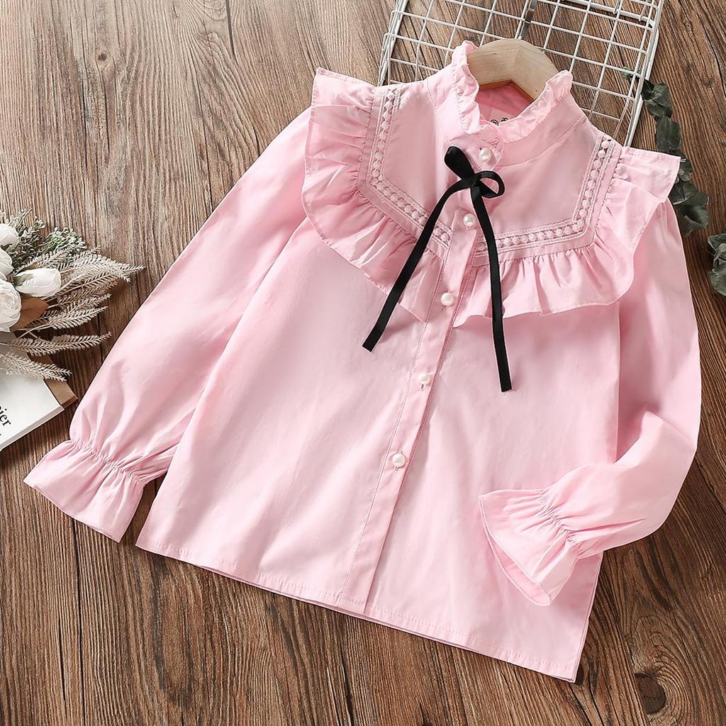 Kids Ruffle School Shirts for Girls Blouses White Cotton Spring Autumn Longsleeve Children Clothes for Teenager 8 10 12 13 Years