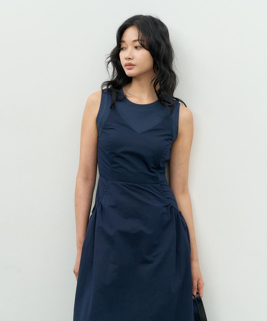 Make A Toast Layered Combo Shirred Dress Navy Mbesop001Nv