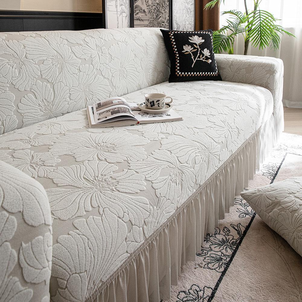 New Jacquard Velvet All Season Elastic Protective Cover with Anti Cat Scratch Skirt Edge Sofa Cover