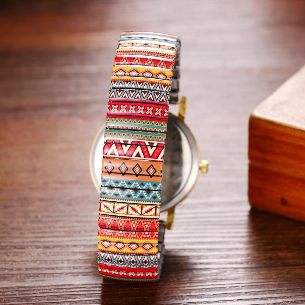 Watch Bohemian Elastic Strap Arabic Numerals Print Free Size Floral Print Waterproof Quartz Watch Stretch Band Stainless Steel Analog Display Dial