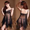Sexy Women's Lace Lingerie Dress Deep V-neck Sling Mesh Nightwear Split Hem G-string Set Sleepwear