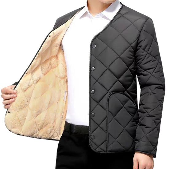 Yousheng Men Cotton Coat O-Neck Long Sleeve Diamond-Shaped Stitching Button Placket Coat Solid Color Single Breasted Thick Velvet Lining Outwear