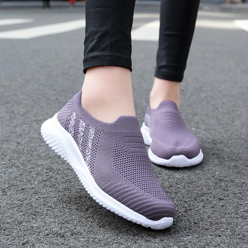 Women's Slip-On Flat Bottom Shoes Breathable Mesh Upper Cross-Border Knitted Casual Footwear Low Heel Non-Slip Comfortable