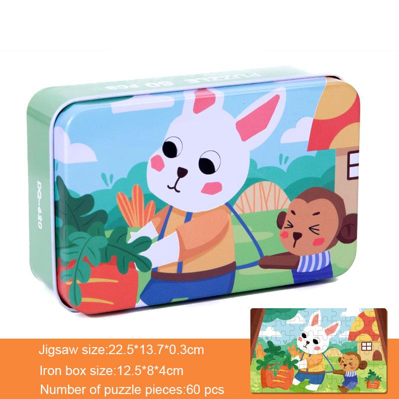 60 Pcs/Set Kids Wooden Puzzle Cartoon Animal Vehicle Dinosaur Pattern Jigsaw with Iron Box Baby Early Educational Toys Gift