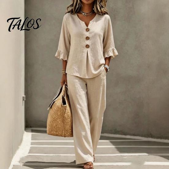 Breathable Summer Pants 2 Piece Sets for Women, Casual Ruffle 3/4 Sleeve Buttons V Stretchy Waist Neck Top And Wide Leg Matching Set, Loose