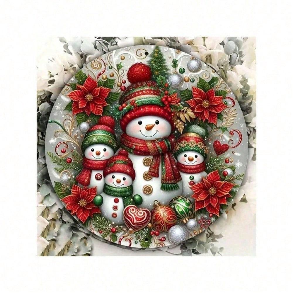 Christmas Snowman Family Metal Sign 8x8 Inch Round Tin Sign Wall Decor Indoor High-Quality Weather Resistant