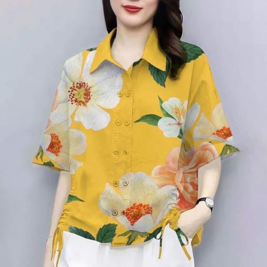 Women Summer Casual Shirt Lapel Short Sleeve Flower Pattern Shirt Double Breasted Side Drawstring Loose Fit Shirt Tops