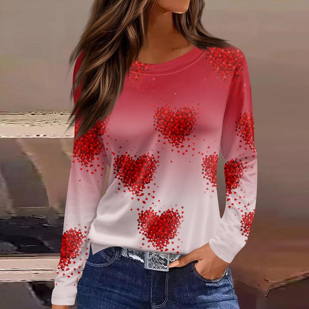 Women's Fashion Valentine's Day Printed Round Neck Casual  Long Sleeve Top