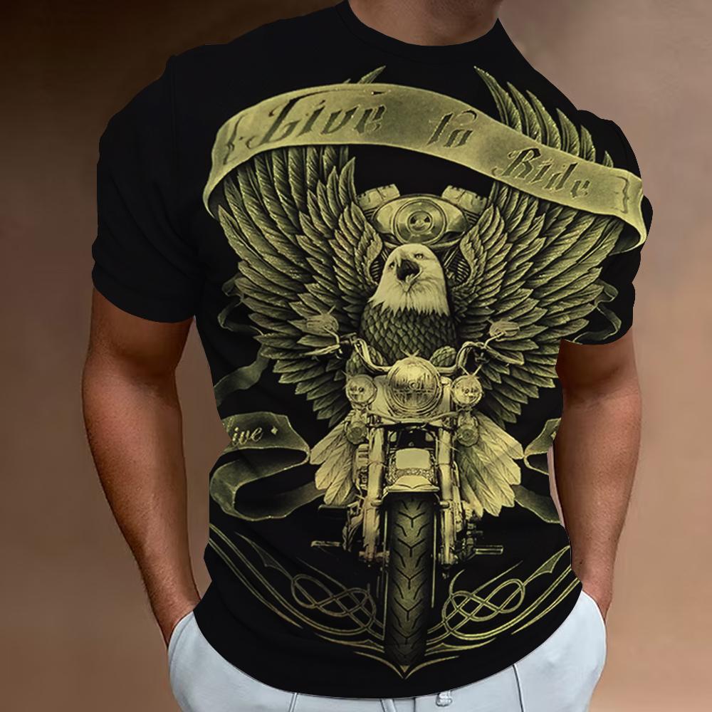Camiseta masculina de moto vintage, estampa 3d, estampa clássica, manga curta, carta, tops, roupas masculinas, casual, streetwear