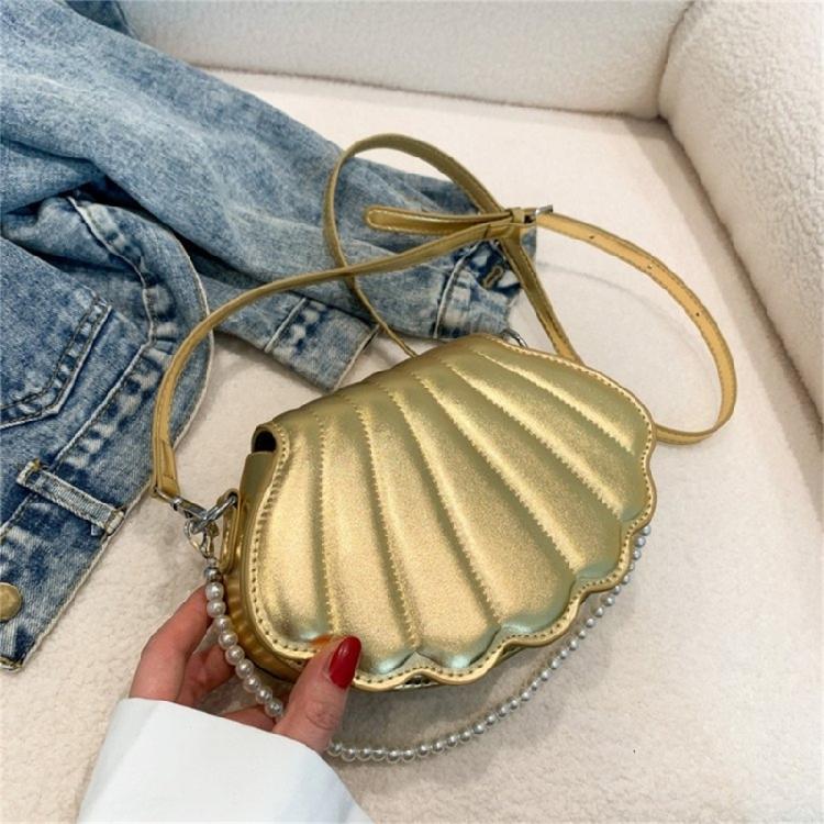 Women Shell Shape Shoulder Bag PU Crossbody Bag Pearl Chain Handbag Purse Ins